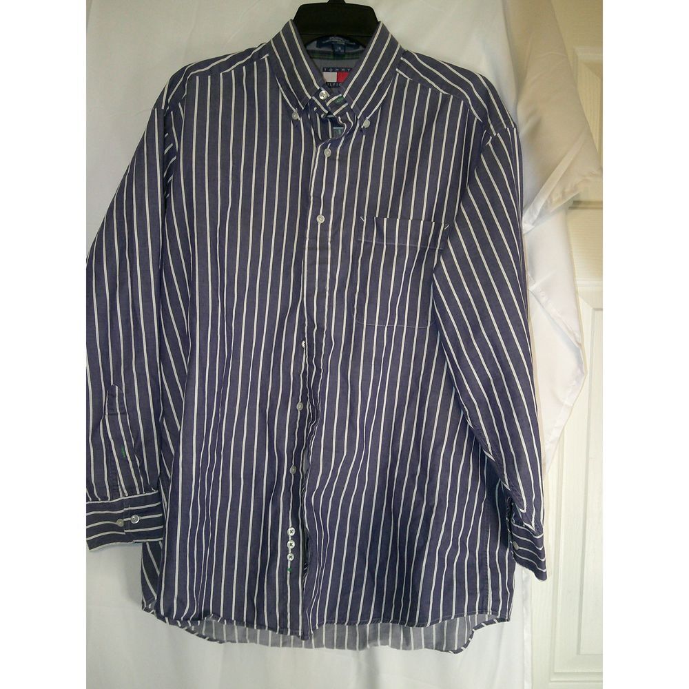 Vintage Tommy Hilfiger Blue and White Striped Long Sleeve Dress Shirt 16 32/33